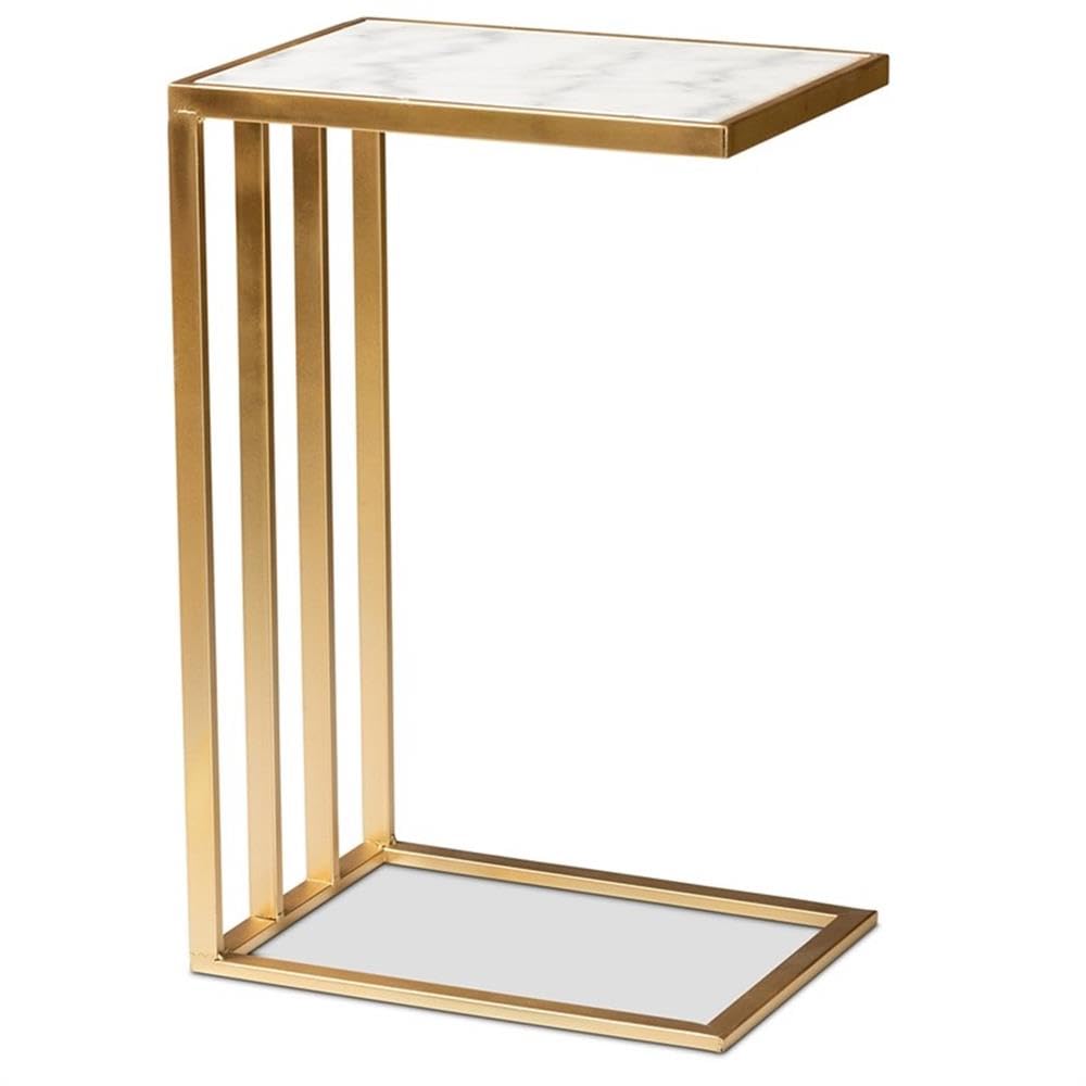 Baxton Studio Parkin Modern and Contemporary Gold Finished Metal C Shaped End Table with Marble Tabletop